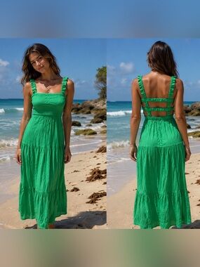 Green Maxi Dress with Smocked Bodice